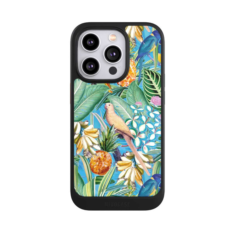 iPhone 14 Pro NIVOcore Perroquets tropicaux sur papier peint bleu