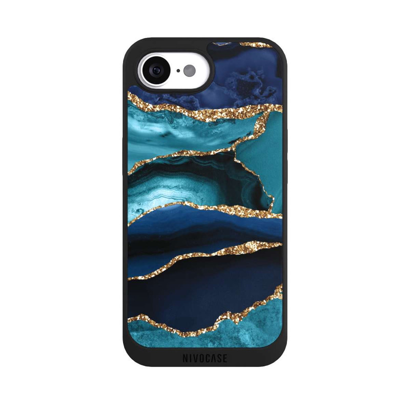 iPhone 16e NIVOpure Dark and Light Blue Marble Gold Glitter Look